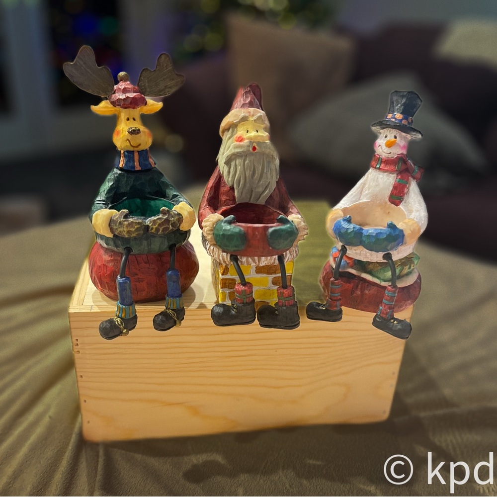 3 Christmas Characters Wooden candle holders
